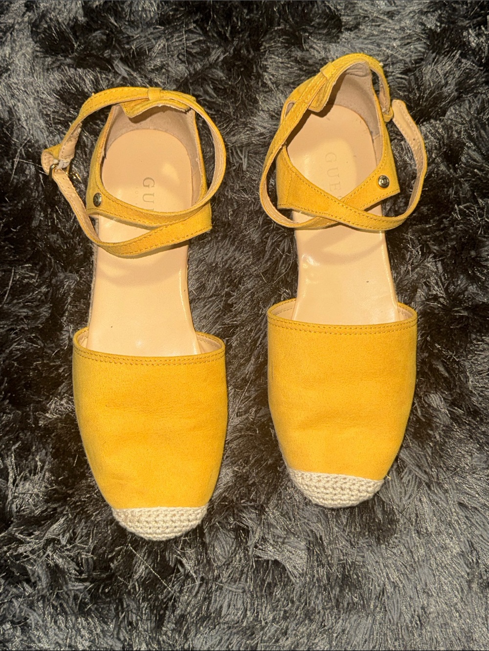 GUESS Yellow Suede Espadrille Ankle-Strap Wedges